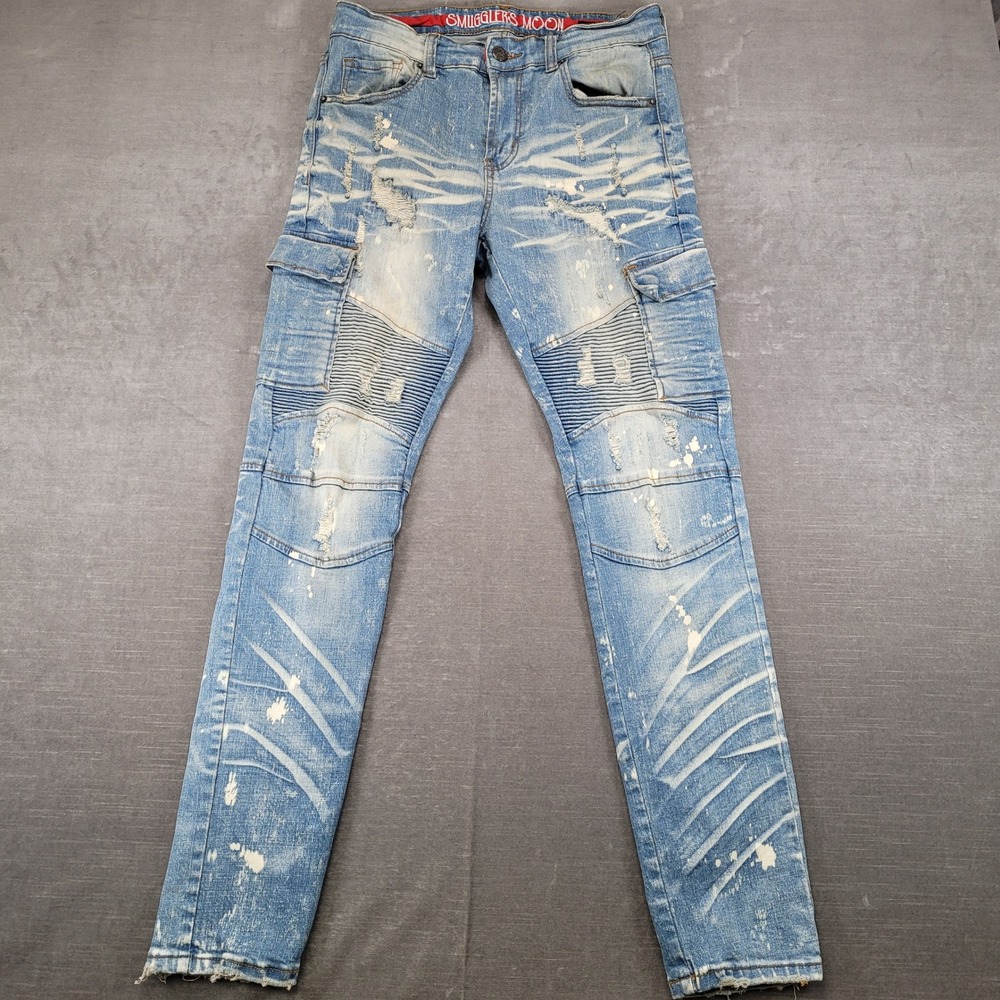 Smugglers Moon Mens 32x32 Blue Distressed Biker Cargo Jeans Paint Splatter Moto